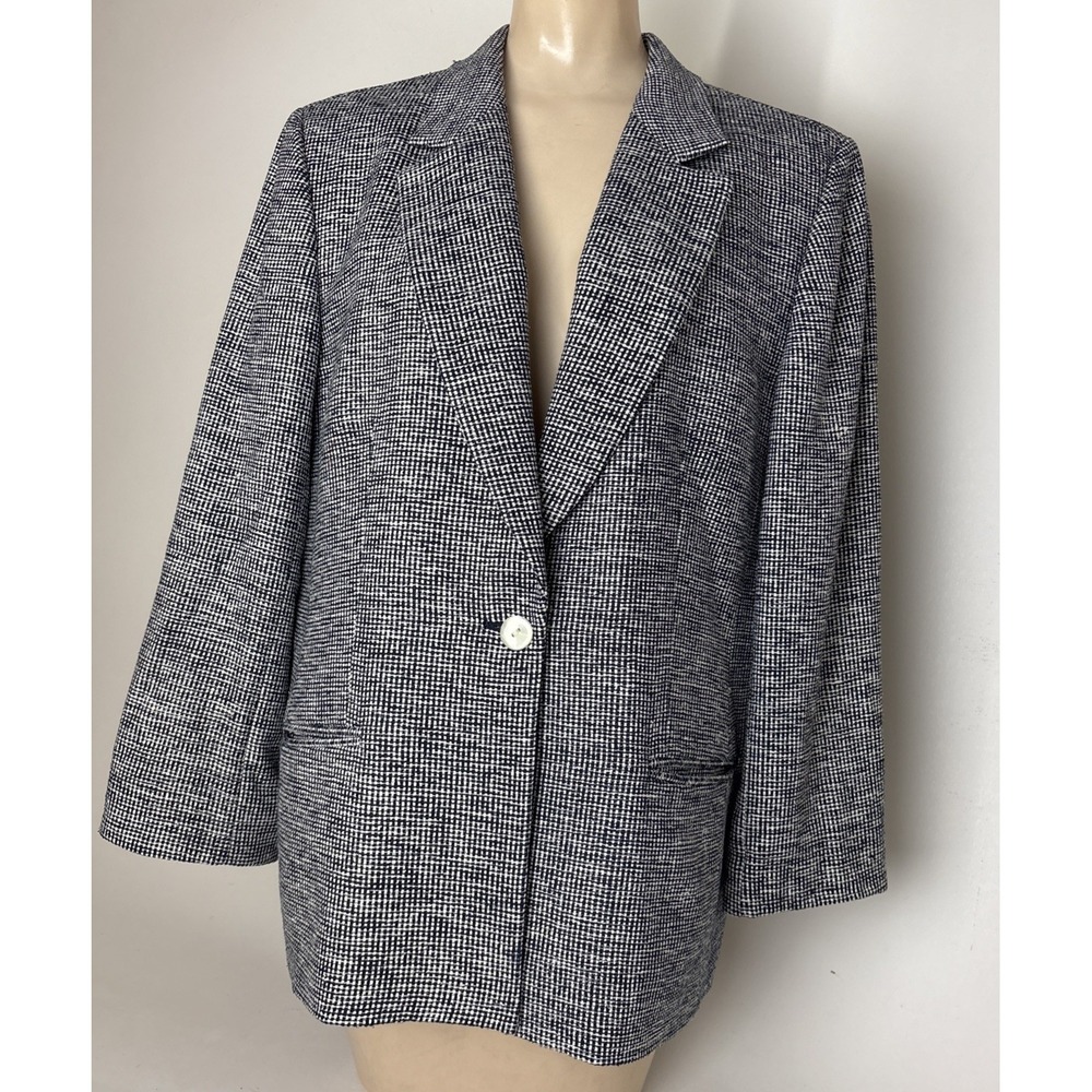 Vintage Career Blazer Womens 16 Jacket Dark Navy Blue White 100% silk H&W